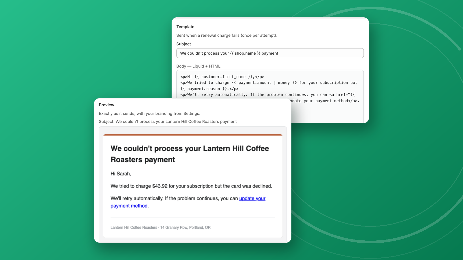 The email editor with a Liquid template beside a live preview in the store's branding
