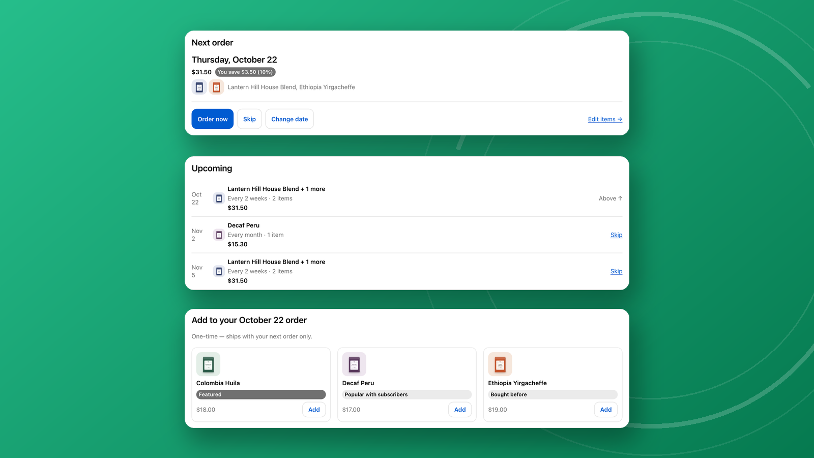 The customer portal: next order with order now, skip and change date, and the upcoming orders list