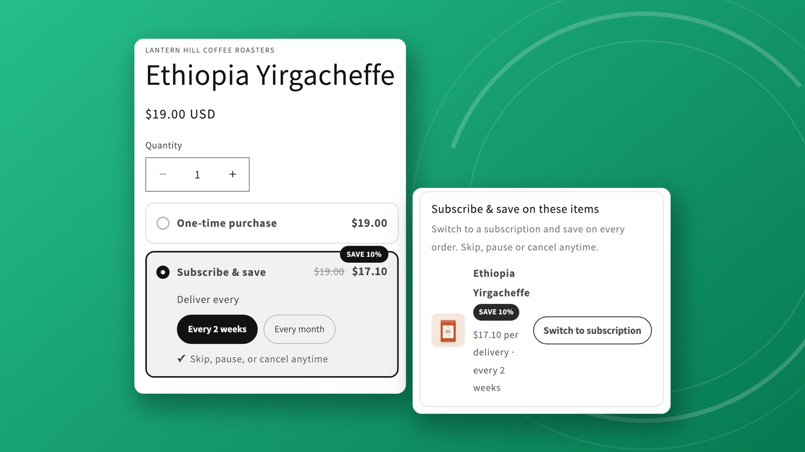 A product page with a one-time purchase option and a Subscribe & save option with frequency chips, beside a cart upsell